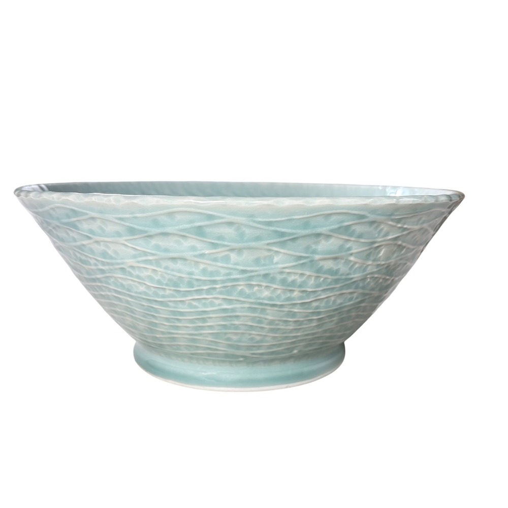 Dale Mark Celadon Aqua Blue Textured Wave Ceramic Artisan 10.5 Inch Serving Bowl